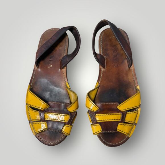 PRADA Brown & Yellow Huarache Flat Sandals sz 41 - Picture 1 of 9